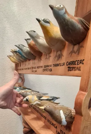 Conjunto de figuras de aves talladas en madera
