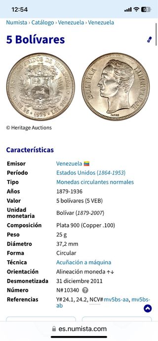 Moneda 5 Bolívares Plata Venezuela 1935
