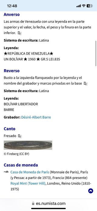 Moneda 1 Bolívar Plata Venezuela 1960