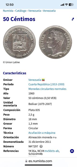 Moneda 50 céntimos Bolívar Plata Venezuela 1960