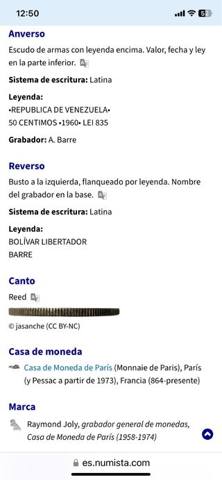 Moneda 50 céntimos Bolívar Plata Venezuela 1960
