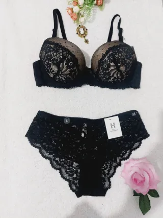Conjunto Lencería Encaje Negro y Nude 95B