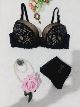 Conjunto Lencería Encaje Negro y Nude 95B