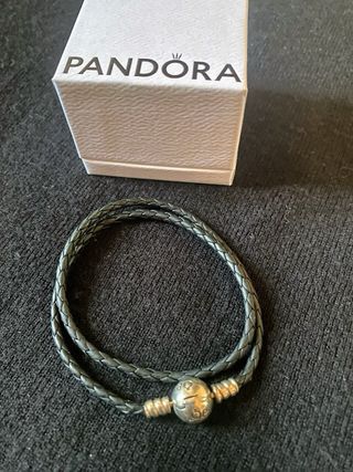 Pulsera Pandora Cuero Trenzado Negro y Plata