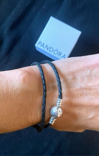 Pulsera Pandora Cuero Trenzado Negro y Plata
