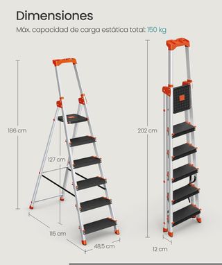 SONGMICS Scala a 6 Gradini, Scala in Alluminio con Gradini Profondi 12 cm, Pieghevole, Vassoio e Piedi Antiscivolo, Carico 150 kg, Nero e Arancione GLT06BK