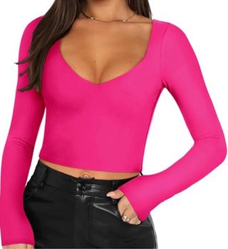 MAGLIETTA MANICHE LUNGHE CROP FUCSIA