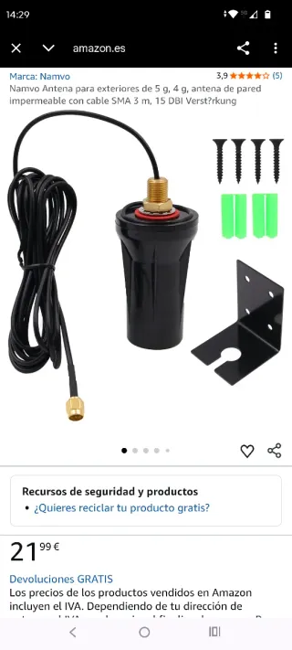 Antena Namvo Exterior 5G/4G SMA 3m 15dBi