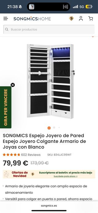Espejo Joyero Blanco para Puerta