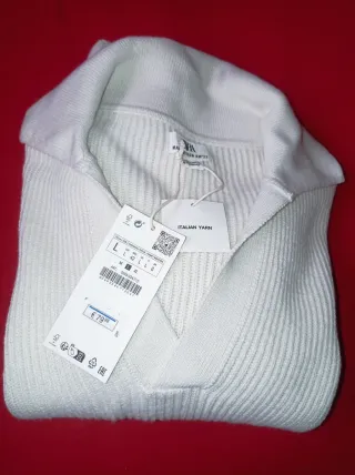 Jersey Zara cuello polo blanco Talla L