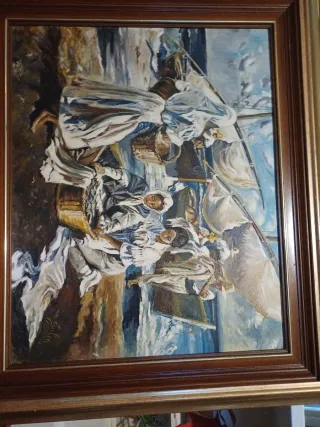 Dipinto olio su tavola Barche con pescatori