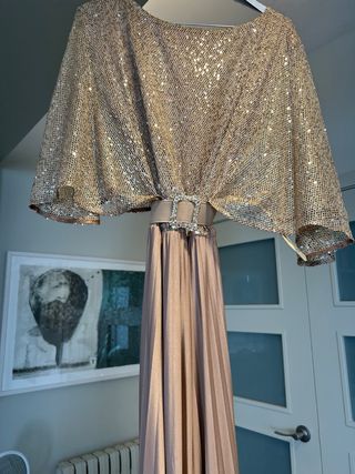 Vestido largo lentejuelas beige/dorado