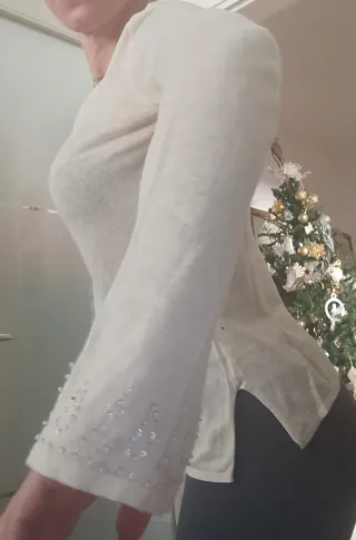 Maglietta con perline beige/bianca