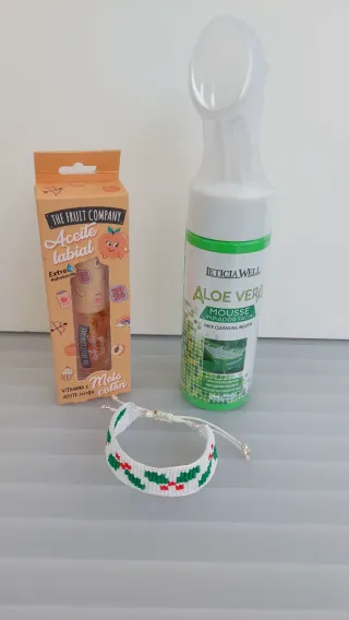 Aceite Labial,Mousse Limpiador Aloe Vera y pulsera