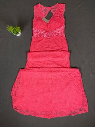 Vestido Fucsia Largo Encaje Lentejuelas Talla L