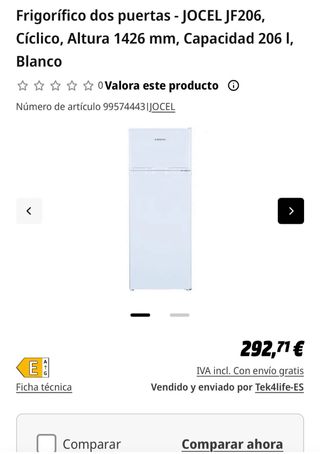 Nevera JOCEL JF206 2 puertas 206L