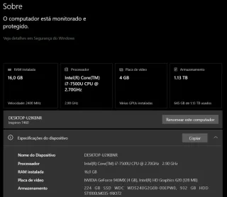 Notebook DELL Inspiron 14 7460 16GB RAM i7 224GB SSD + 1TB