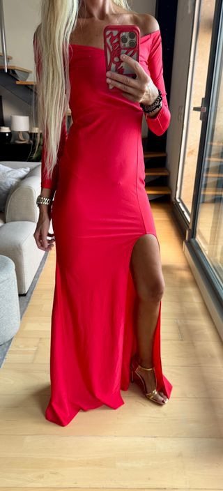 Vestido fiesta rojo escote Bardot