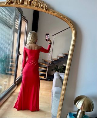 Vestido fiesta rojo escote Bardot