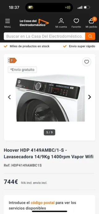 Lavadora Secadora Hoover 14/9Kg Vapor Wifi