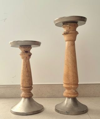 Portacandele in legno e metallo argentato