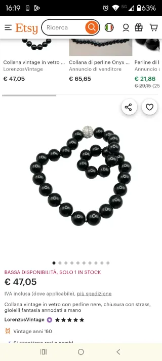 Collana perle nere con ciondolo strass