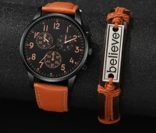 Reloj Caballero y  Correa Cuero Marrón Negro