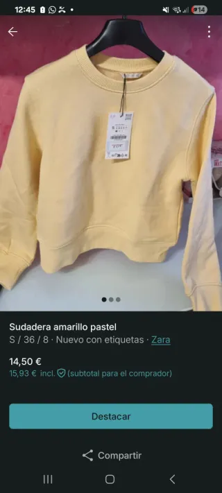 Sudadera amarilla ZARA mujer Talla S