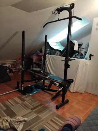 Banco de pesas completo con pesas y 2 barras