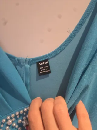 Vestido fiesta largo azul con perlas