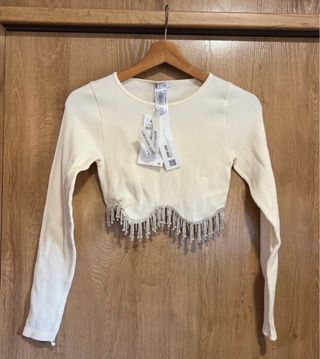 Jersey Zara Crop Top Pedrería Blanco XS
