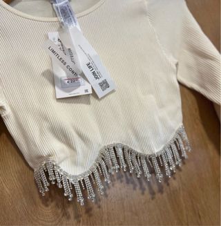 Jersey Zara Crop Top Pedrería Blanco XS