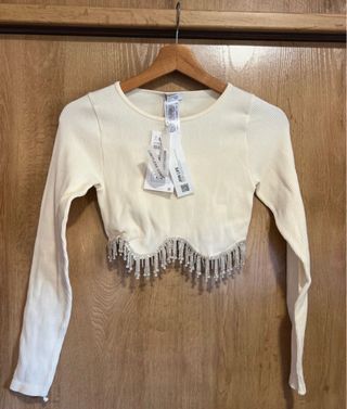 Jersey Zara Crop Top Pedrería Blanco XS