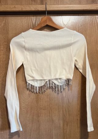 Jersey Zara Crop Top Pedrería Blanco XS