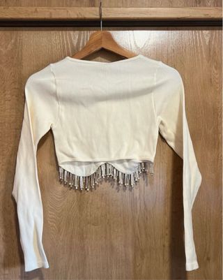 Jersey Zara Crop Top Pedrería Blanco XS