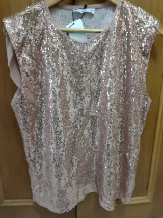 Top Mango lentejuelas rosa y dorado Talla M