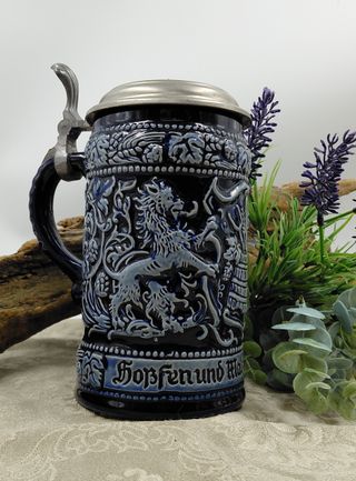 Caraffa Tedesca Ceramica Blu Cobalto e Peltro