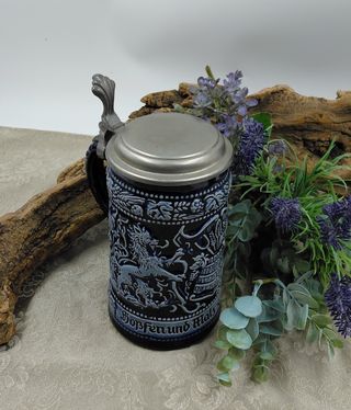 Caraffa Tedesca Ceramica Blu Cobalto e Peltro