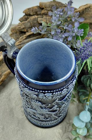 Caraffa Tedesca Ceramica Blu Cobalto e Peltro