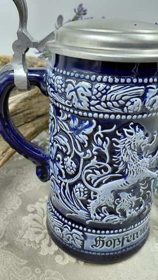 Caraffa Tedesca Ceramica Blu Cobalto e Peltro