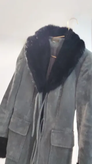 Abrigo de mujer azul Vintage con cuello de pelo