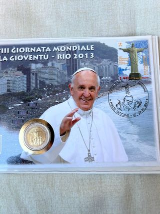 moneda 2 Euro Vaticano 2013 Rio con francobollo