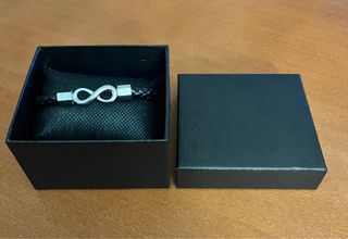 Pulsera Hombre Infinito Cuero Negro y Plata