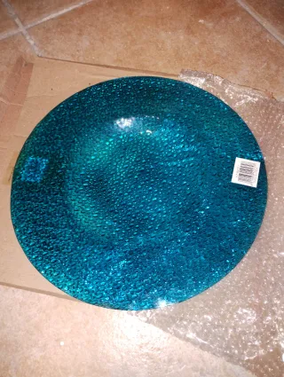 Piatto decorativo in vetro blu/verde acqua