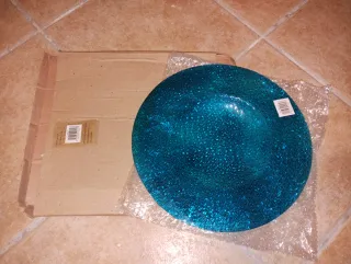 Piatto decorativo in vetro blu/verde acqua