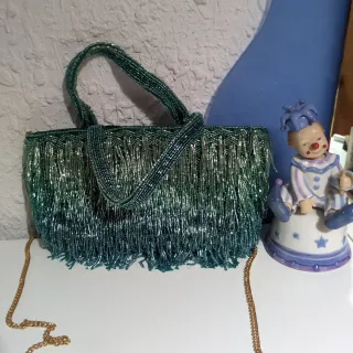 Bolso Zara Flecos Verde y Plateado