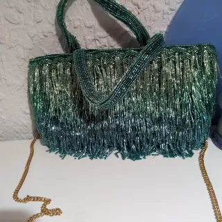 Bolso Zara Flecos Verde y Plateado