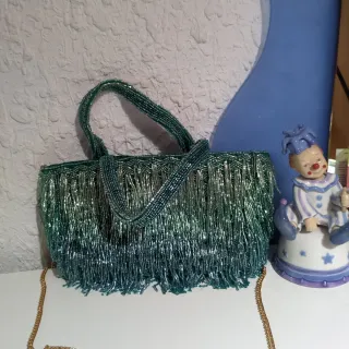 Bolso Zara Flecos Verde y Plateado
