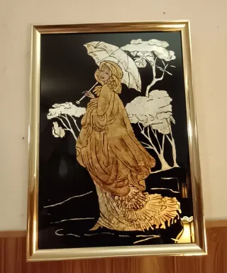 Cuadro artesano pan de oro mujer paraguas