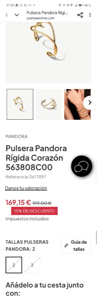 Pulsera Pandora Corazón Rígido Dorada